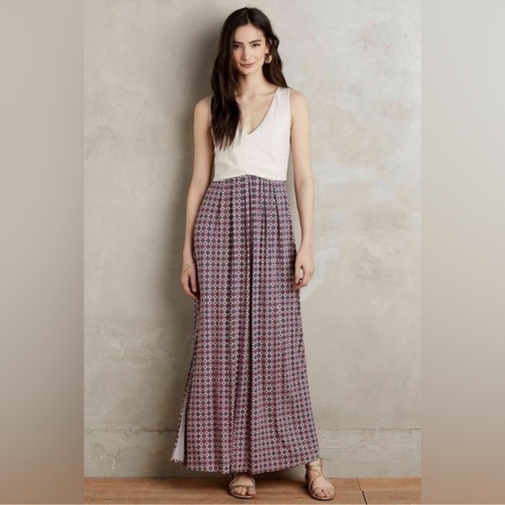Anthropologie Maeve Elysian Cream Top Geometric Print Maxi Dress Size Medium